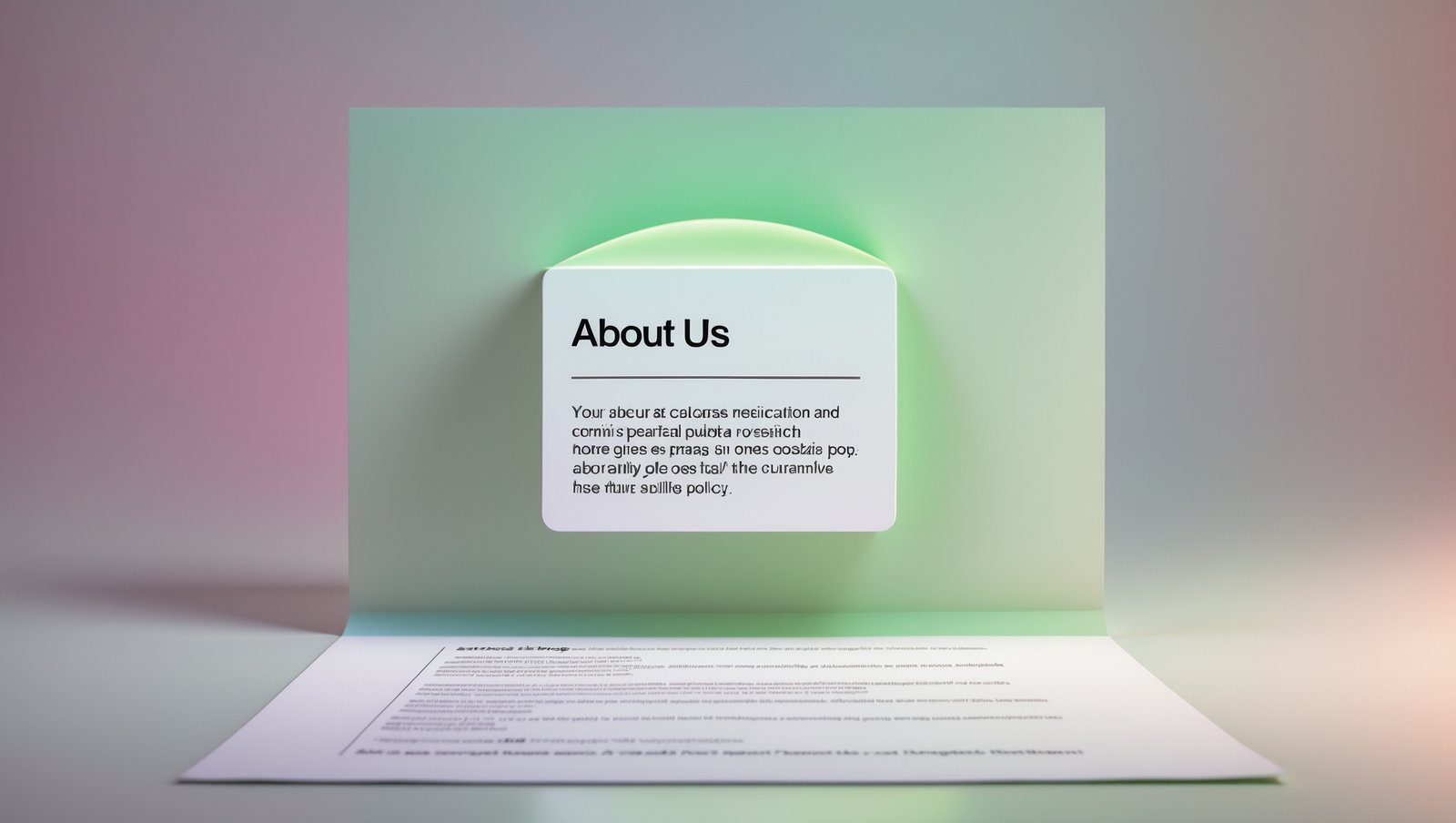 A surreal and vibrant cinematic photo of a minimalist shot of a printed document displaying a simple About Us pop-up notification in the center of the image. The notification box has a slight glow effect and a subtle shadow on the document