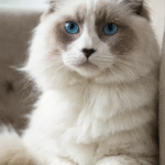 Blue-eyed Ragdoll sitting on a light-colored sofa, well-lit environment, realistic photography, focus on the eyes and texture of the fur.