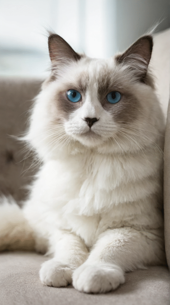 Blue-eyed Ragdoll sitting on a light-colored sofa, well-lit environment, realistic photography, focus on the eyes and texture of the fur.