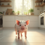 Mini pig (micro porco) de estimação em ambiente doméstico aconchegante, pequeno porco rosado e curioso deitado ao lado da família na sala de estar, representando guia completo de cuidados, alimentação, espaço e saúde do mini pig como pet.
