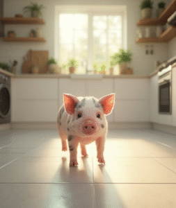 Mini pig (micro porco) de estimação em ambiente doméstico aconchegante, pequeno porco rosado e curioso deitado ao lado da família na sala de estar, representando guia completo de cuidados, alimentação, espaço e saúde do mini pig como pet.