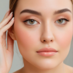 Blush lifting aplicado nas têmporas criando efeito de alongamento facial.