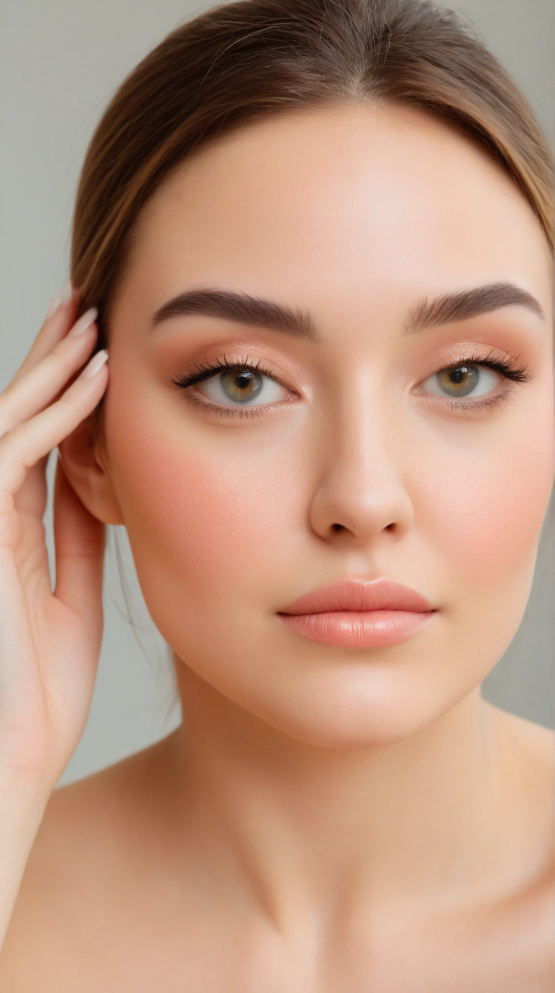 Blush lifting aplicado nas têmporas criando efeito de alongamento facial.