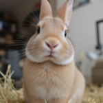 Coelho doméstico em casa com feno e ambiente seguro.