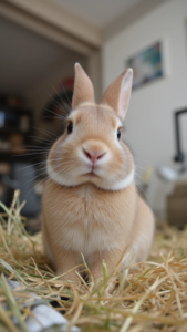 Coelho doméstico em casa com feno e ambiente seguro.
