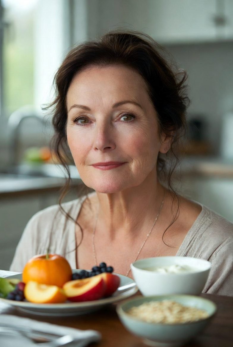 Menopausa e saciedade com refeição equilibrada e alimentos naturais.