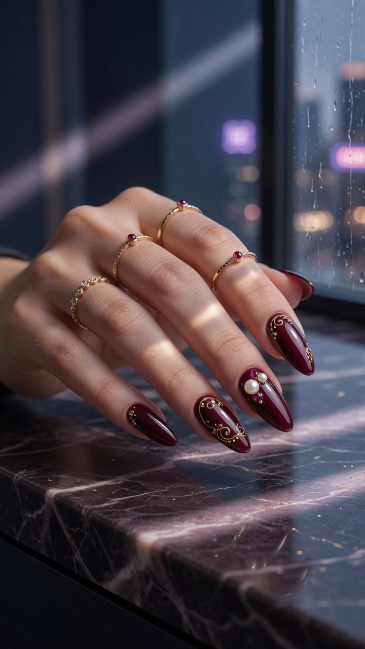 Unhas borgonha com efeito red carpet premium e detalhes dourados.